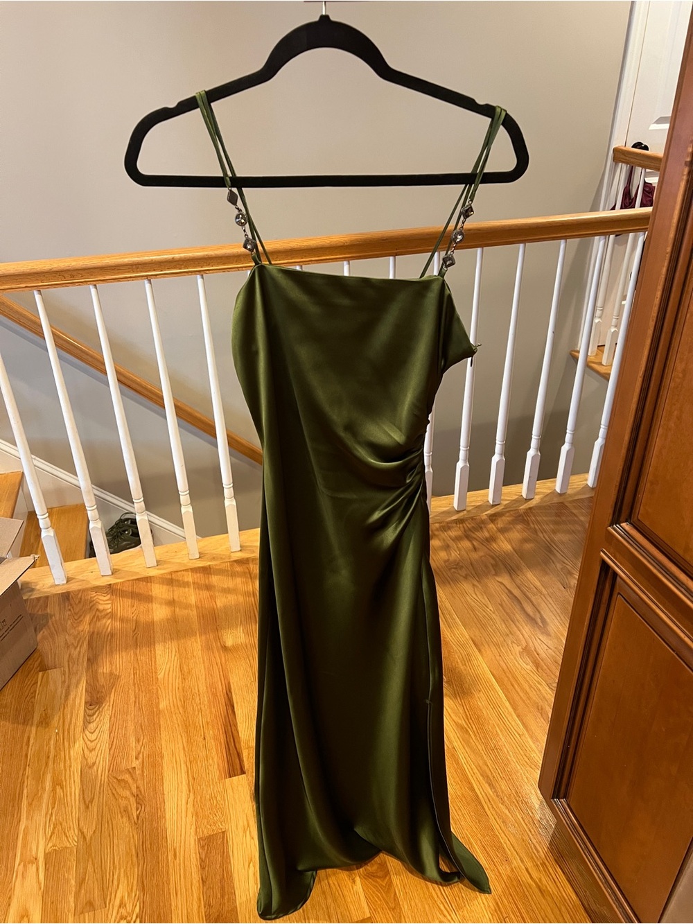 Zara Olive Green Satin Dress with Decorative Crystal Strap